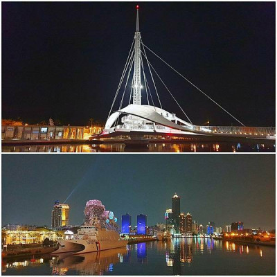 高雄新景點＜大港橋＞全台首座水平旋轉橋.亞洲最長跨港旋轉橋,全白的橋樑流線型的設計,搭配上夜晚迷人景色,讓大港橋顯得更佳亮眼